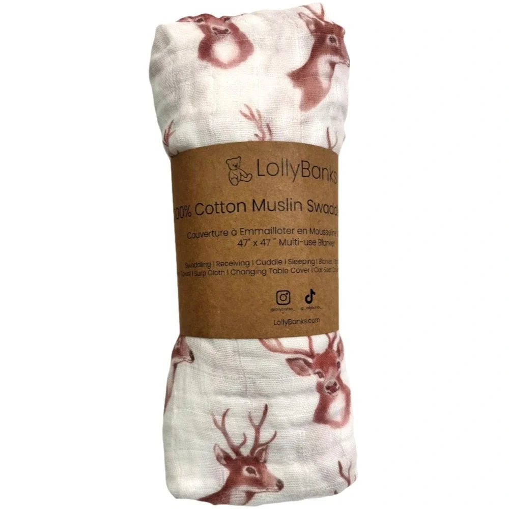 Deer Muslin Baby Swaddle Blanket White Forest Unisex 47